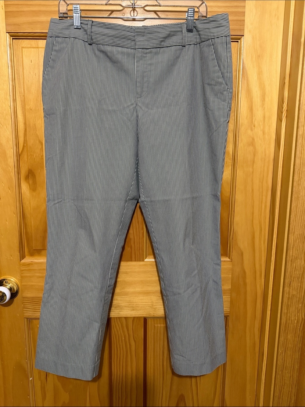 Norma Kamali Gray & White Pinstripe Cropped Pants, Size 10.